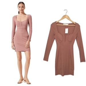 New ASTR The Label Ribbed Long Sleeve Hook Eye Front Bodycon Dress Blush S